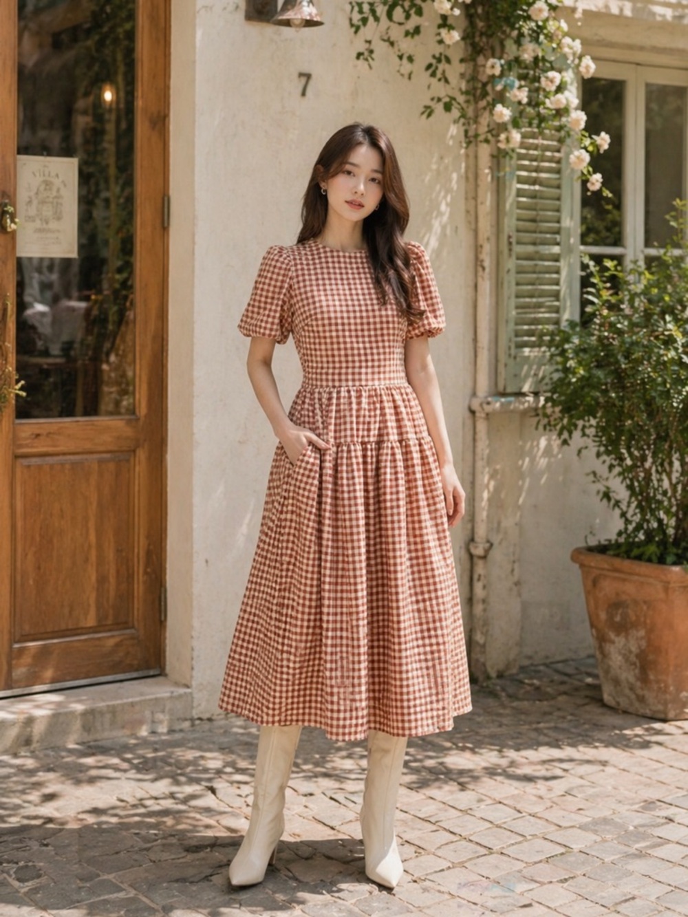 NWOT En Saison Juni Round Neck Bubble sleeve Midi Dress